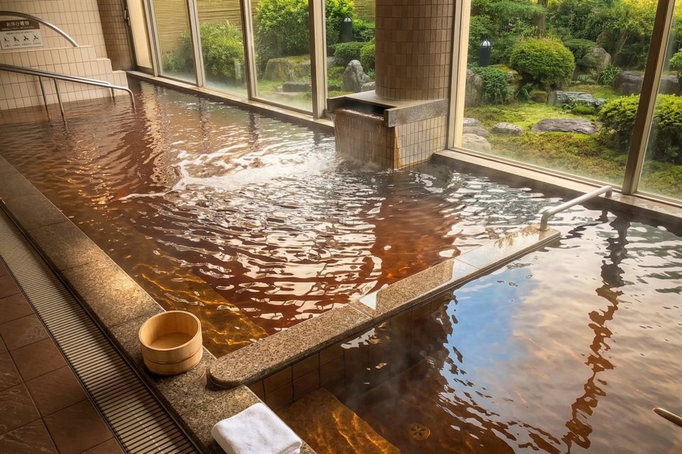 褐色の源泉が満ちた大浴場「琥珀の湯」